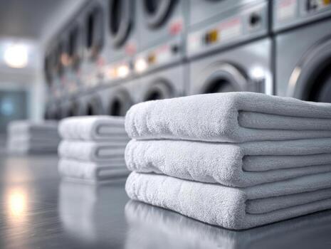 clean-and-neatly-folded-white-towels-stacked-in-a-laundromat-with-industrial-washers-in-the-background-highlighting-hygiene-and-laundry-service-quality-photo clean-and-neatly-folded-white-towels-stacked-in-a-laundromat-with-industrial-washers-in-the-background-highlighting-hygiene-and-laundry-service-quality-photo
